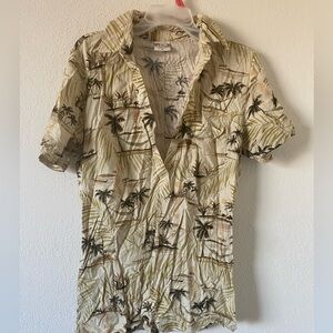 Go Barefoot Mens Hawaiian Shirt  brown beige Vintage Palm Sz M Pull Over